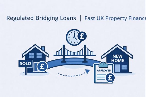Wide banner graphic in light blue and dark blue titled Regulated Bridging Loans | Fast UK Property Finance showing a bridge connecting a sold property to a new home, with a clock, pound symbols, and an approved document to represent fast regulated bridging loans in the UK.