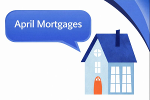 A stylised illustration of a house with a textured dark blue roof and light blue walls, featuring white windows and an orange front door, set against a plain black background. This represents April Mortgages