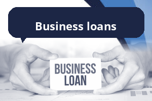 A blue and white branded graphic showing hands holding a card, recoloured into Connect Mortgages’ blue palette, with charts blurred in the background. A dark blue speech bubble at the top reads “Business loans”, with curved blue accents framing the corners.