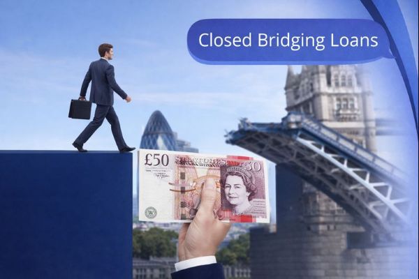 A branded promotional graphic in Connect Mortgages’ blue palette showing a suited businessman walking across a gap, a hand holding a UK £50 note bridging the space, and a closing Tower Bridge in the background. A large rounded speech-bubble title at the top-right reads “Closed Bridging Loans” in Open Sans.