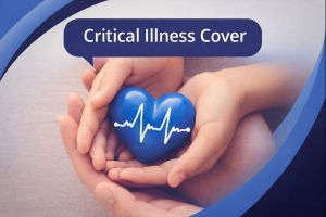 A blue and white branded graphic showing hands gently holding a blue heart with a white heartbeat line across it. A dark blue speech bubble at the top reads “Critical Illness Cover”, with curved blue accents framing the corners.