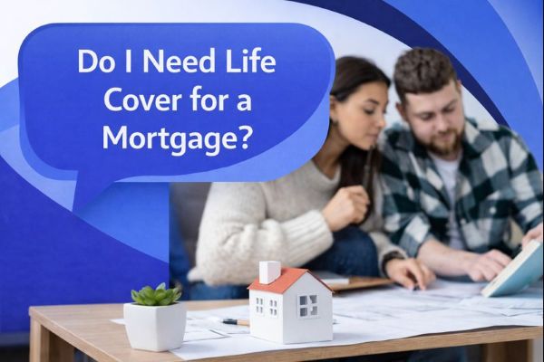 Do I Need Life Cover for a Mortgage? graphic showing a couple reviewing paperwork at a table with a model house in the foreground, and a unique dark blue and light blue speech bubble containing Open Sans text “Do I Need Life Cover for a Mortgage?”.