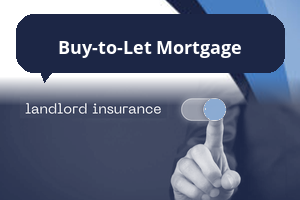 A blue and white branded graphic showing a person in a suit pressing a toggle-style button, recoloured into Connect Mortgages’ blue palette. A dark blue speech bubble at the top reads “Buy-to-Let Mortgage”, with curved blue accents framing the corners.