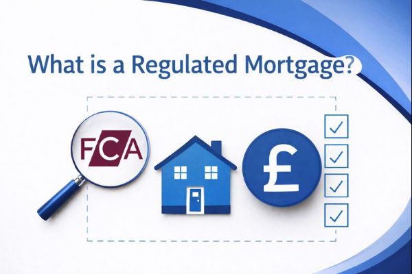 White background graphic with Connect Mortgages branded blue curved panel covering the full right side. The title “What is a Regulated Mortgage?” appears at the top in Open Sans. Below, a dashed frame contains a magnifying glass showing the FCA logo, a blue house icon with windows and a door, a blue pound symbol icon, and a vertical row of blue tick boxes.