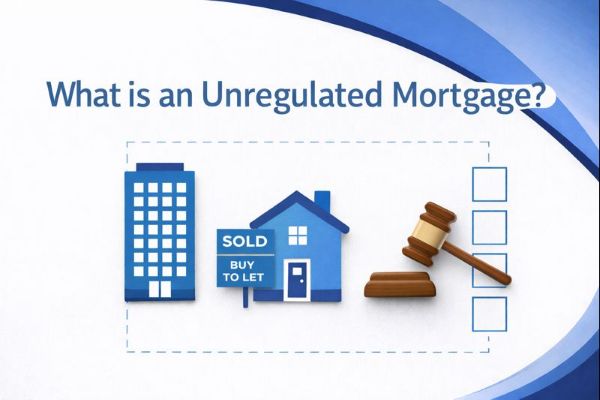 Graphic explaining “What is an Unregulated Mortgage?” using Connect Mortgages branded blue and white colours. The image shows a commercial building, a buy-to-let house with a sold sign, and an auction gavel, representing investment and commercial lending. A smooth curved branded panel runs across the right side, with the title displayed in Open Sans at the top of the 600x300 image.