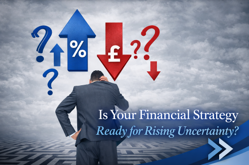 Graphic of a businessman standing on a maze-like floor beneath large percentage and pound symbols with directional arrows, using Connect-style blue tones and a bold strapline about preparing for rising uncertainty.
