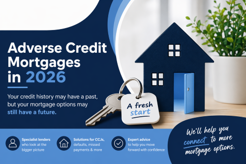 Promotional graphic for an adverse credit mortgages article, featuring a navy-and-blue layout with large text reading “Adverse Credit Mortgages in 2026”, a house-shaped key holder with an open blue door, keys with a tag saying “A fresh start”, and supporting messages about specialist lenders, credit issues, and mortgage advice.
