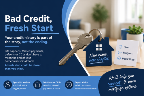 promotional graphic in navy and light blue showing the headline “Bad Credit, Fresh Start” beside a house-shaped keyring on a tabletop, with supporting text about adverse credit not being the end of the homeownership journey, a small checklist reading “Plan, Progress, Possibilities,” and a closing message about connecting to more mortgage options.