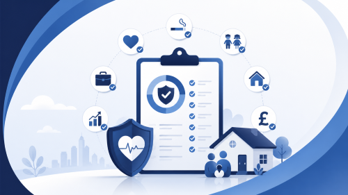 Health MOT insurance review illustration showing a checklist, shield, heart, home, family, income and lifestyle icons in blue branded colours.