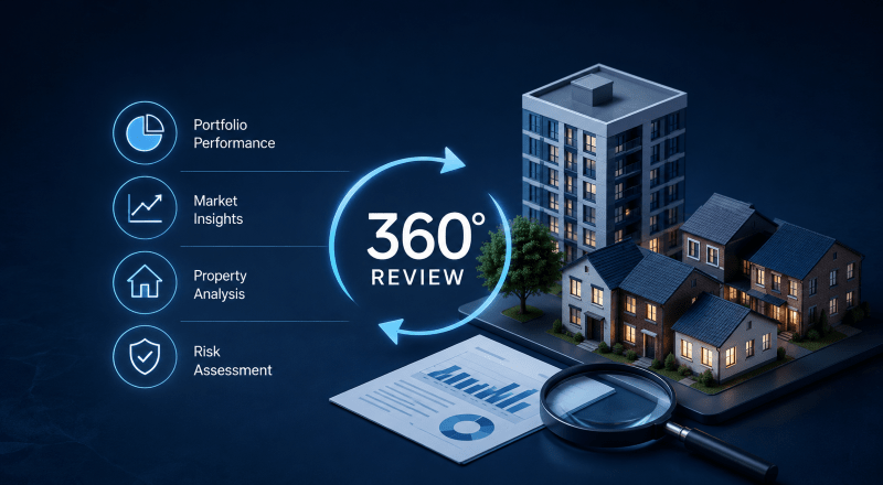 360 Portfolio Review for Landlords showing property performance, market insights, property analysis and risk assessment icons with residential property assets and a review graphic.