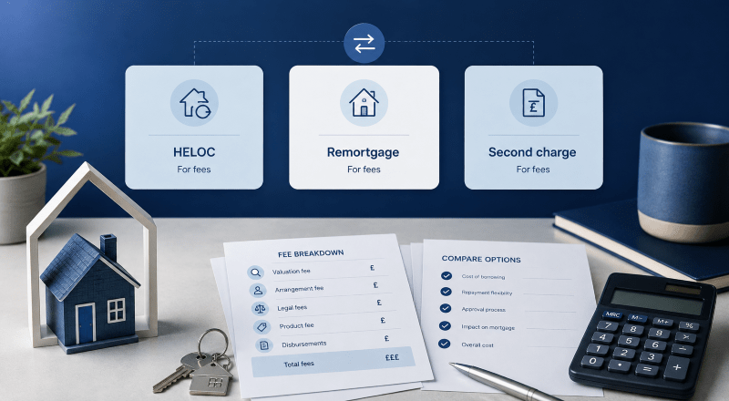 HELOC vs Remortgage vs Second Charge for Fees comparison with mortgage documents, house model, keys and calculator.