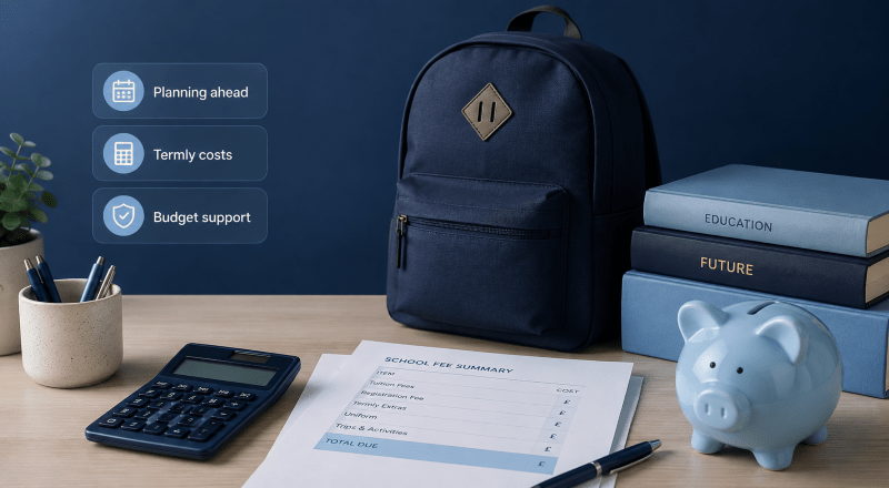 Private School Fees planning with calculator, school fee summary, backpack, books and savings piggy bank in blue tones.