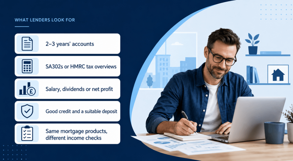 Self-Employed Mortgage Guide showing lender income evidence checks, including accounts, SA302s, tax overviews, credit profile and deposit requirements.