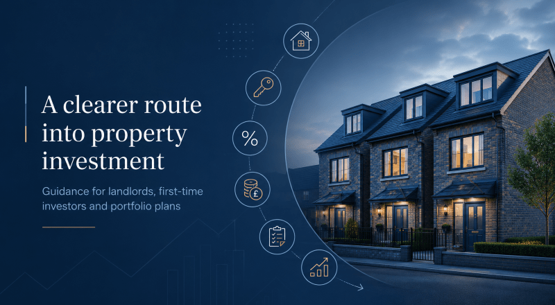 UK Buy-to-Let Mortgages hero image showing modern rental homes, property investment icons, a key, percentage sign, checklist and growth chart in Connect Mortgages brand colours.