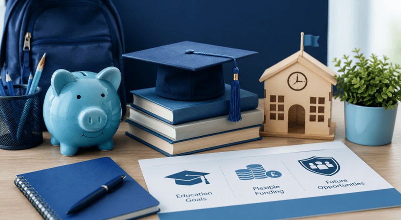 Could Education Finance Make Private School Possible? Education finance concept featuring school books, graduation cap, piggy bank and school imagery in blue tones.