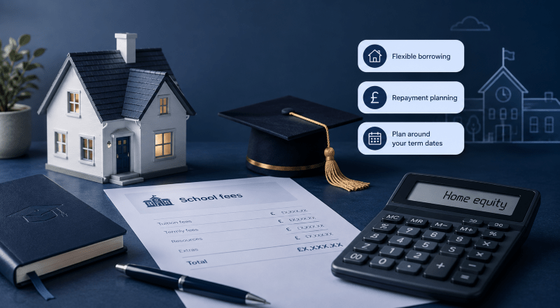 How Does a HELOC Work for School Fees? Home equity and school fee planning illustrated with a model house, calculator, education icons and repayment planning.