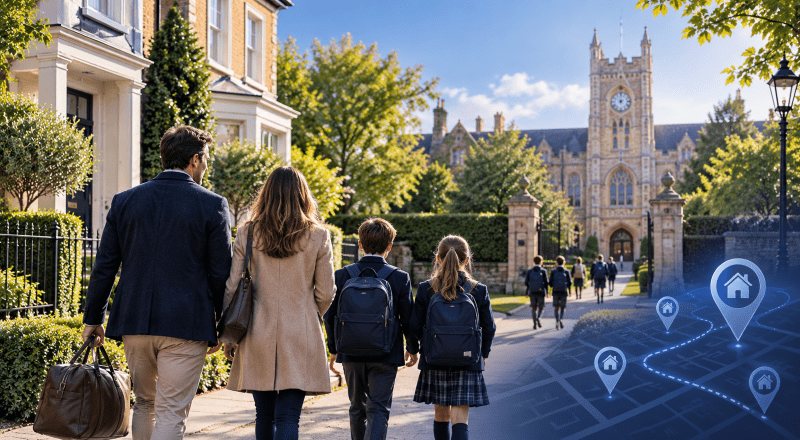Buying Near an Independent School, showing a family walking through an attractive residential neighbourhood towards a prestigious school, with nearby homes and location markers representing property and mortgage planning.