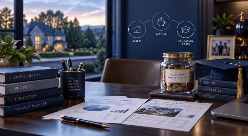 Education Finance for Asset-Rich Families, showing a sophisticated desk with financial papers, property and education books, a jar of coins, a graduation cap, and an elegant home in the background to represent wealth planning for school fees.
