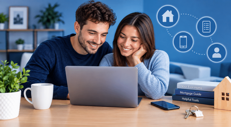 How Technology Can Support First-Time Buyers with a couple using digital mortgage tools while planning their first home.