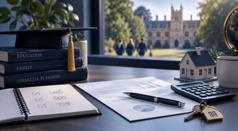 Independent School Fees, showing a refined desk scene with education books, a graduation cap, financial paperwork, a calculator, house keys, and a model home, representing school-fee planning alongside mortgage and family finances.