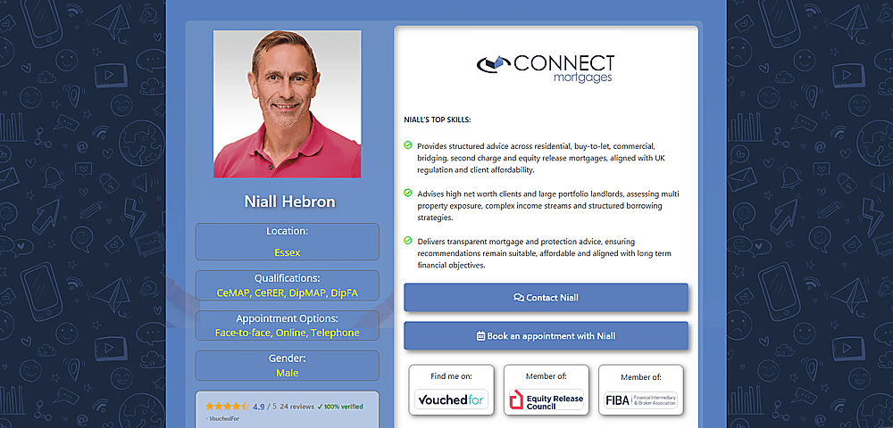 Niall Hebron High Net Worth Mortgage Broker profile with qualifications, specialist mortgage skills and appointment options.