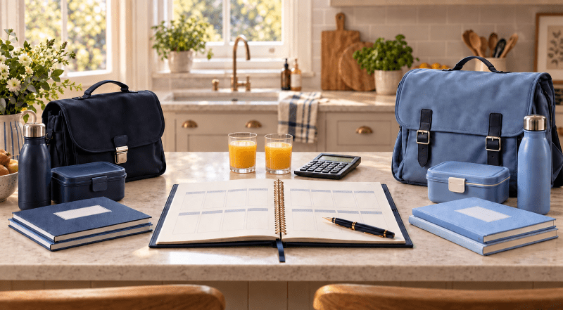 Private School Fees for Two Children: Two sets of school bags, lunch boxes and orange juice representing private school fees for two children