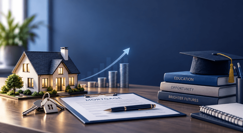 Using Home Equity for School Fees, showing a model home, mortgage paperwork, calculator, graduation cap and school-fee planning materials to represent property equity supporting education costs.