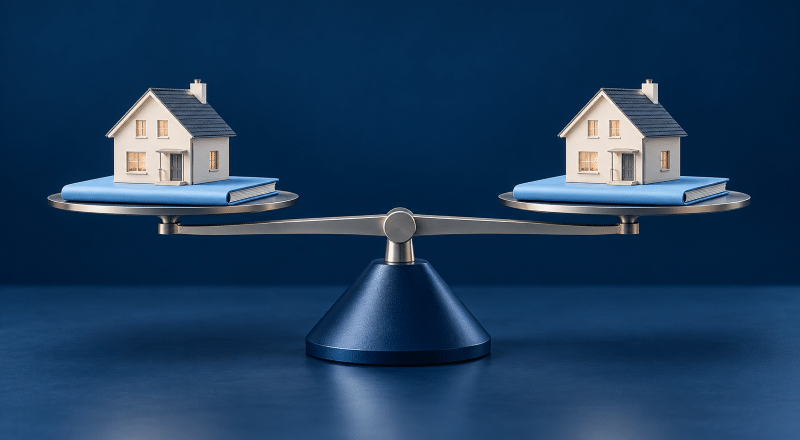 Comparing Mortgage Rates and Fees – two model homes and blue mortgage folders on balanced scales against a dark navy background.