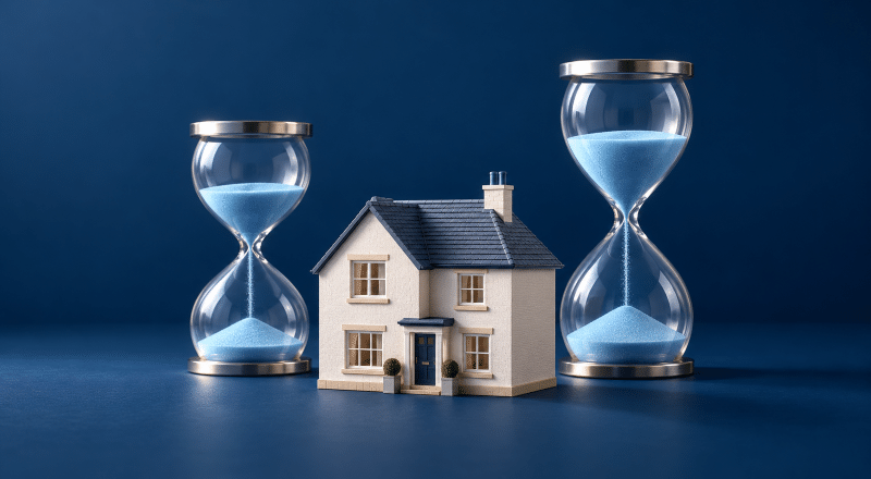 Two- or Five-year Fixed Mortgage – model home between two hourglasses with blue sand, representing different fixed-rate periods.