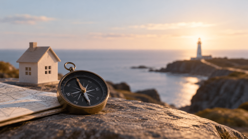 Why use a mortgage adviser – compass, house and lighthouse symbolising expert mortgage guidance and informed financial decisions.